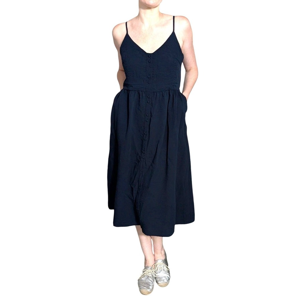 FRNCH Paris Navy Linen Midi Dress‎ Button Front Babydoll Textured Viscose Sz S
